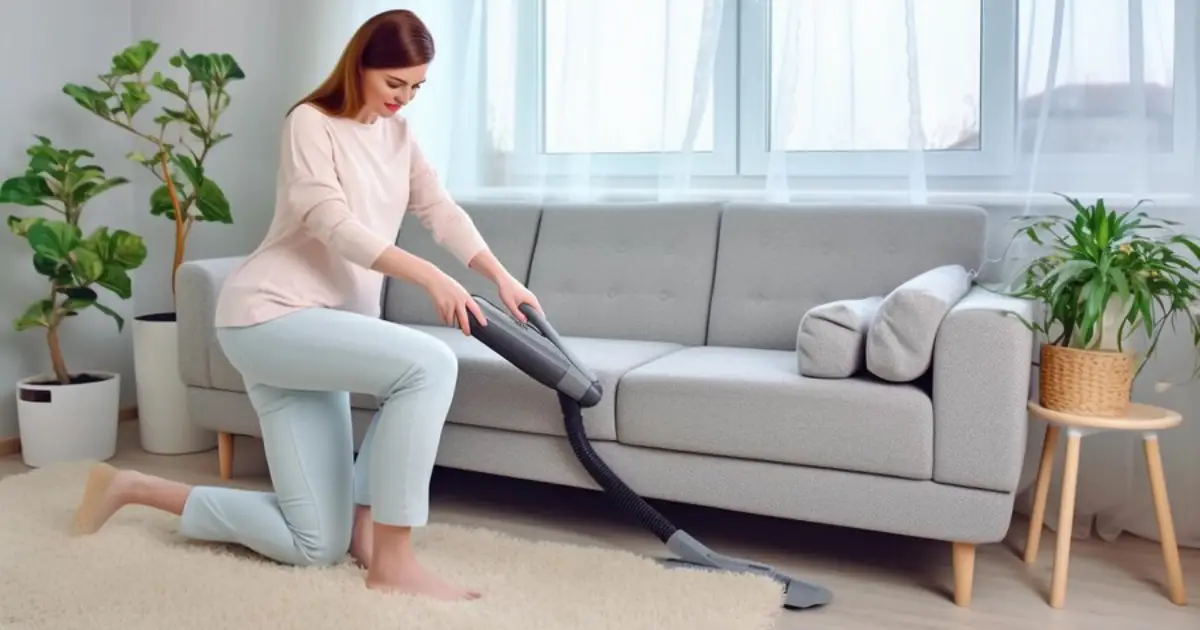 Woman vacuuming the carpet as part of her all season cleaning routine
