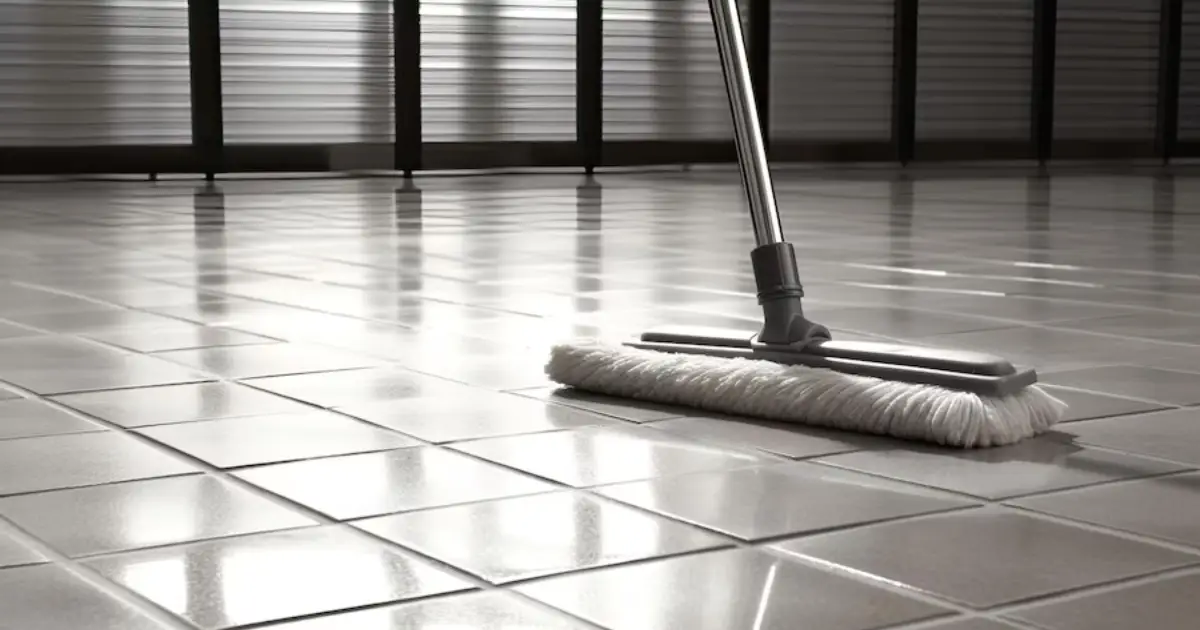 Bucket and mop, essential tools for making floor tiles shine.